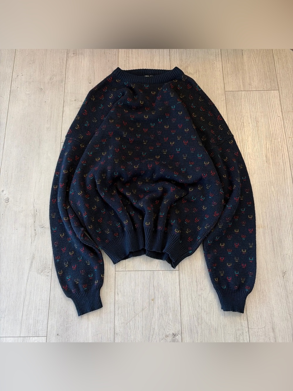 Vintage Navy Crewneck Sweater with Red, Green, and Yellow Accent Motif